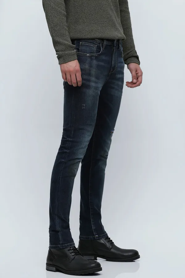 Blue Mid Rise Distressed Slim Fit Jeans