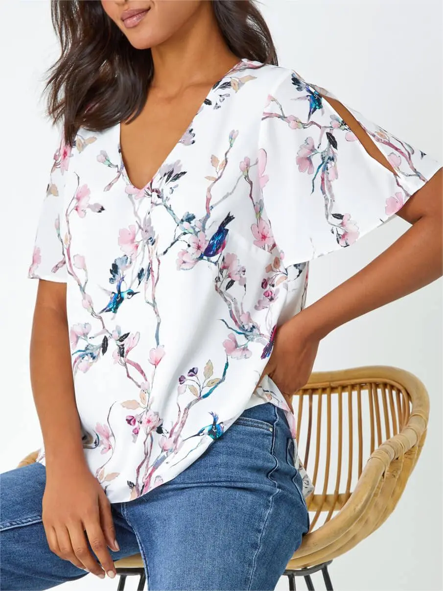 Ivory Floral Angel Sleeve V-Neck Top