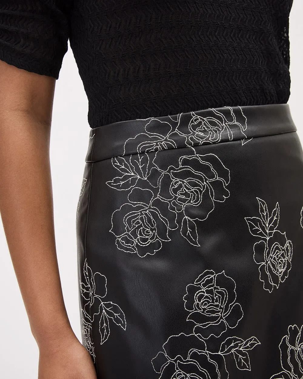 Faux Leather Black A-Line Mini Skirt With Floral Embroideries