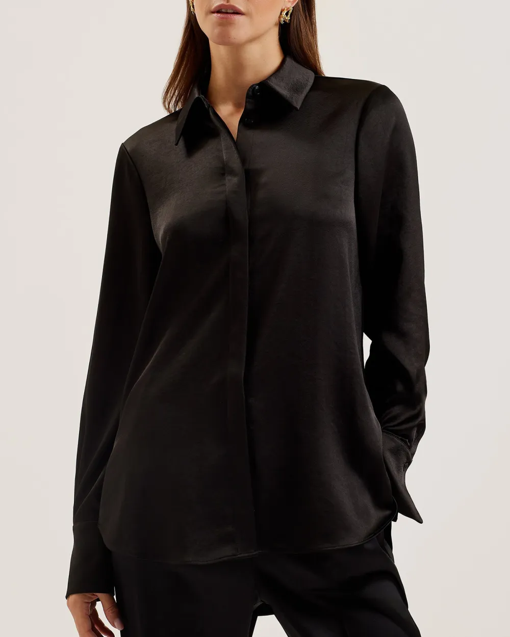 Sonora Long Line Satin Shirt Black