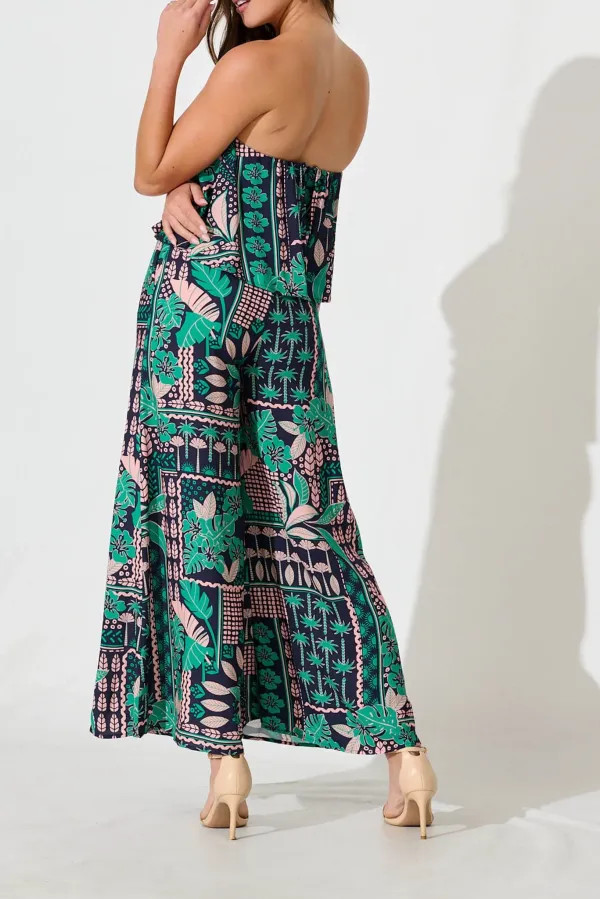 Green Printed Strapless Wide Leg Jumpsuit