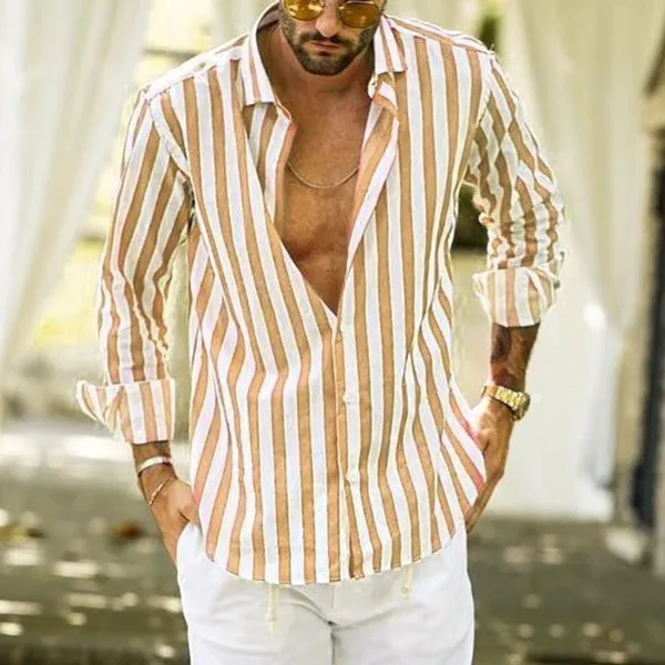 Men's Long-sleeved lapel striped shirt loose shirt
