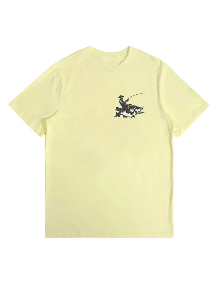 Man Riding On A Big Fish Printed T-Shirt