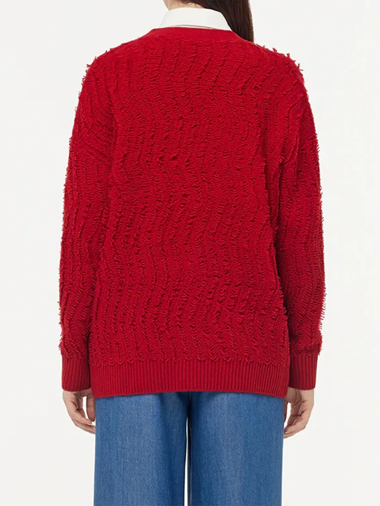 100% Wool Chili Red Women Cardigan