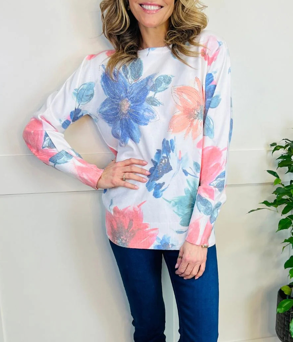 Floral Print Pastel Diamante Jumper