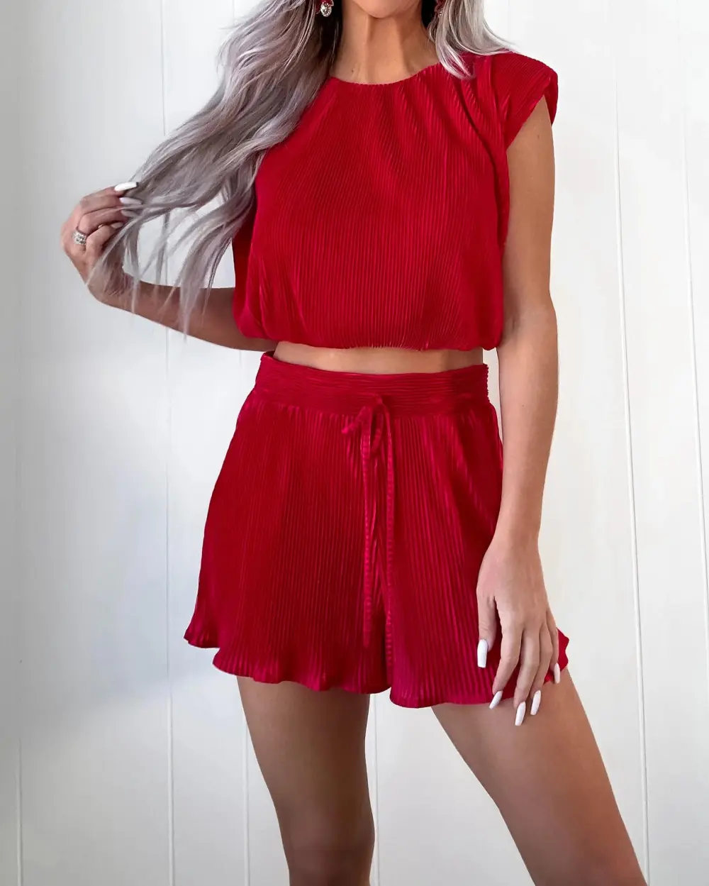 Frosted Magic Pleated Shorts Set - Red