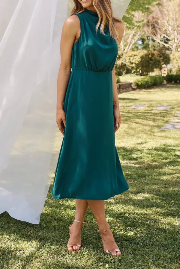 Dark Green Sleeveless Mock Neck Midi Dress