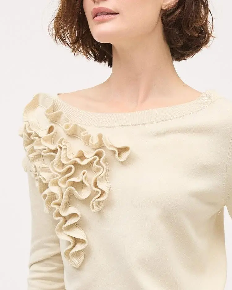 Long-Sleeve Boat-Neck Pullover with Frills