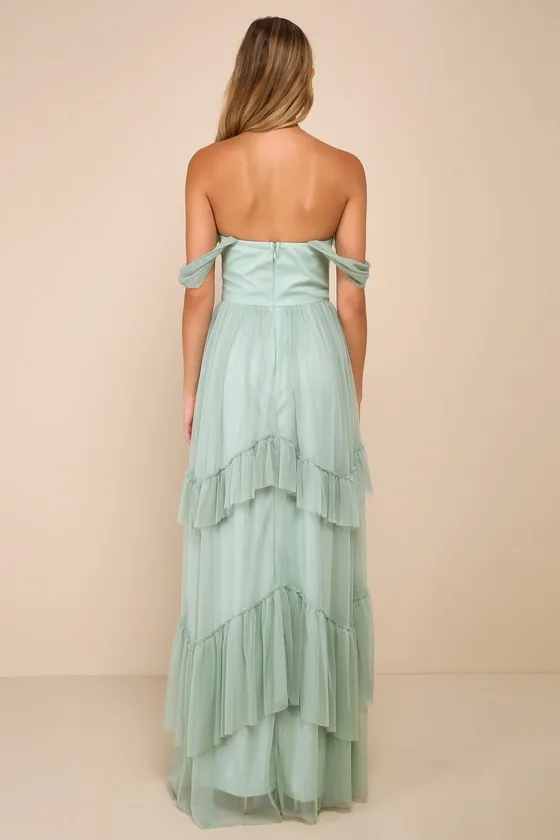 Stunning Personality Sage Green Mesh Off-the-Shoulder Maxi Dress
