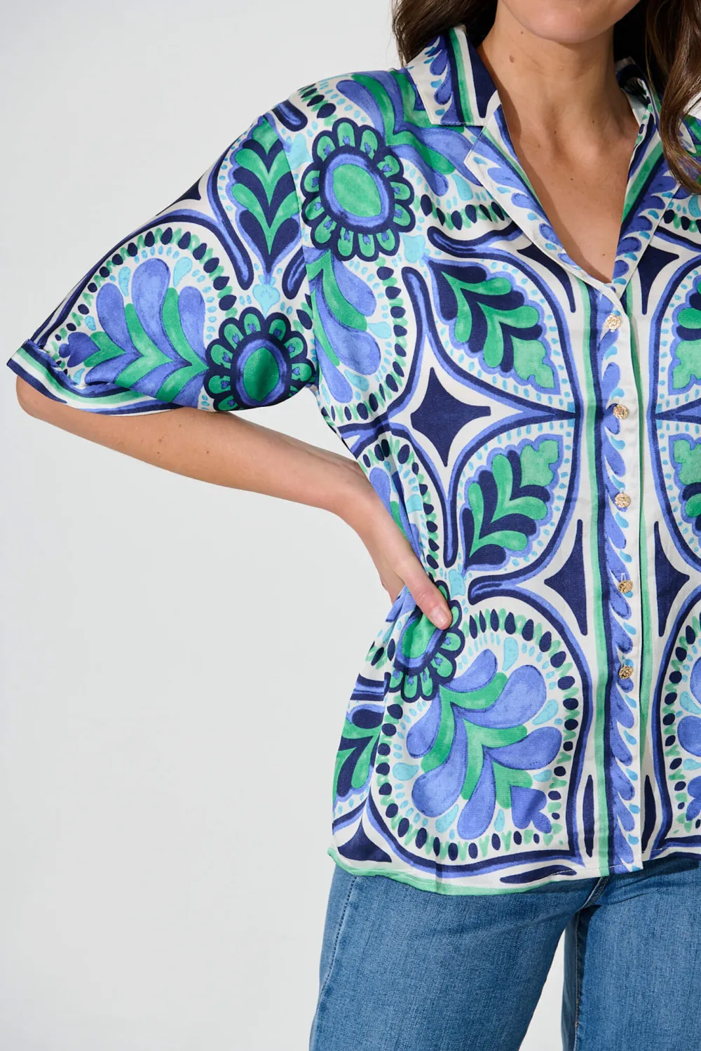 Blue Green Patterned Short Sleeve Shirt