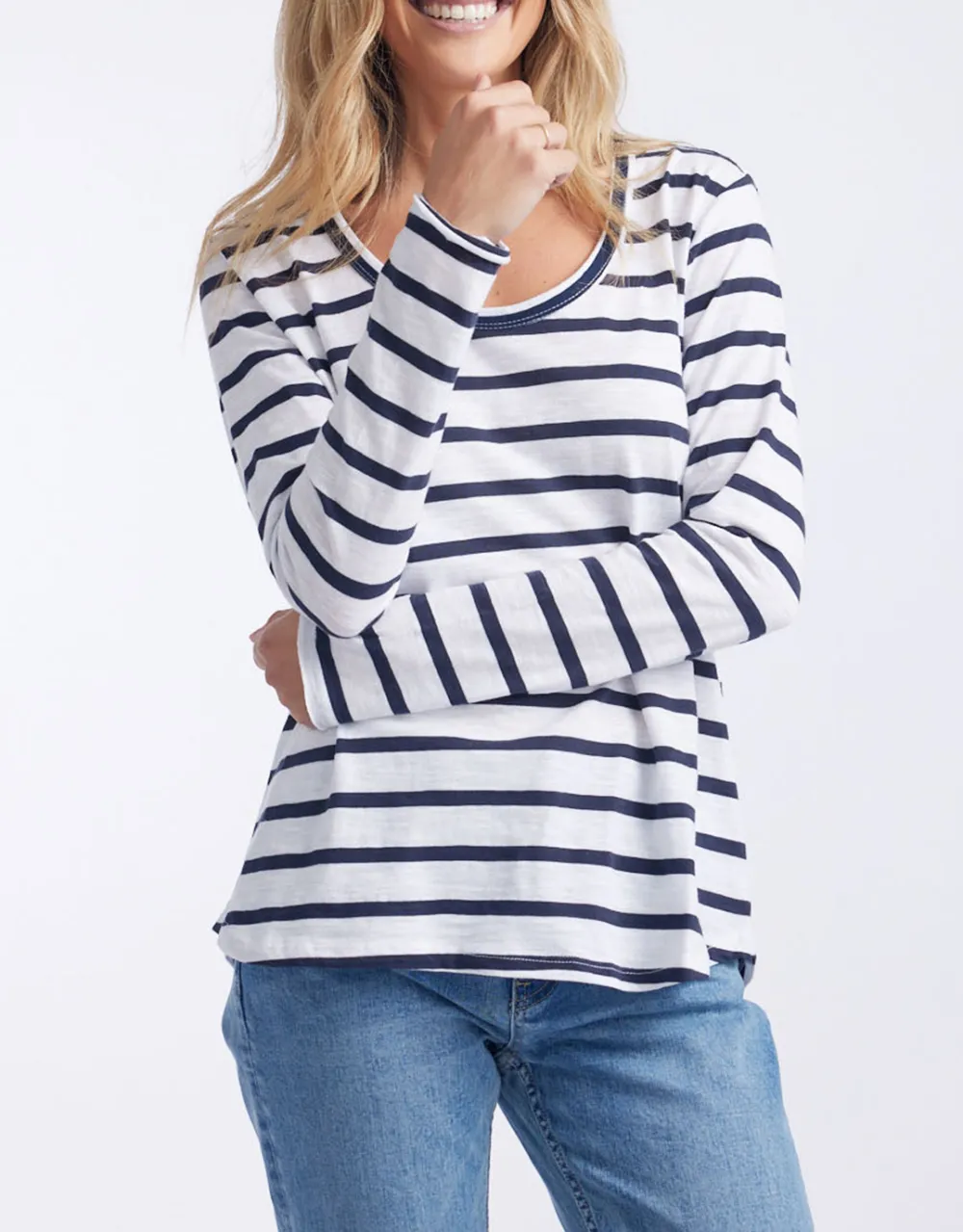 Original Round Neck Long Sleeve T-Shirt - Navy/White Stripe