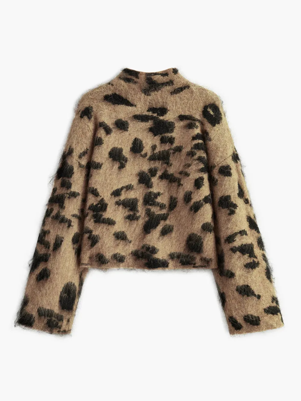 Fuzzy Leopard Drop Shoulder High Neck Sweater