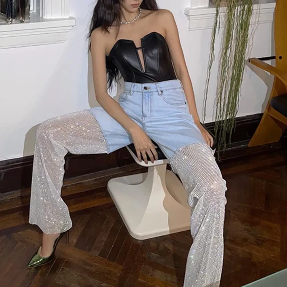 Night Moves Crystal Mesh Wide Leg Jeans