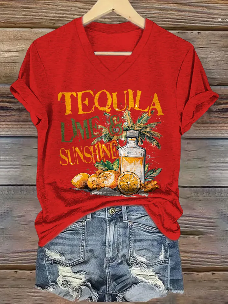 Women's Tequila Short Sleeves V-Neck Pure Cotton T-Shirt