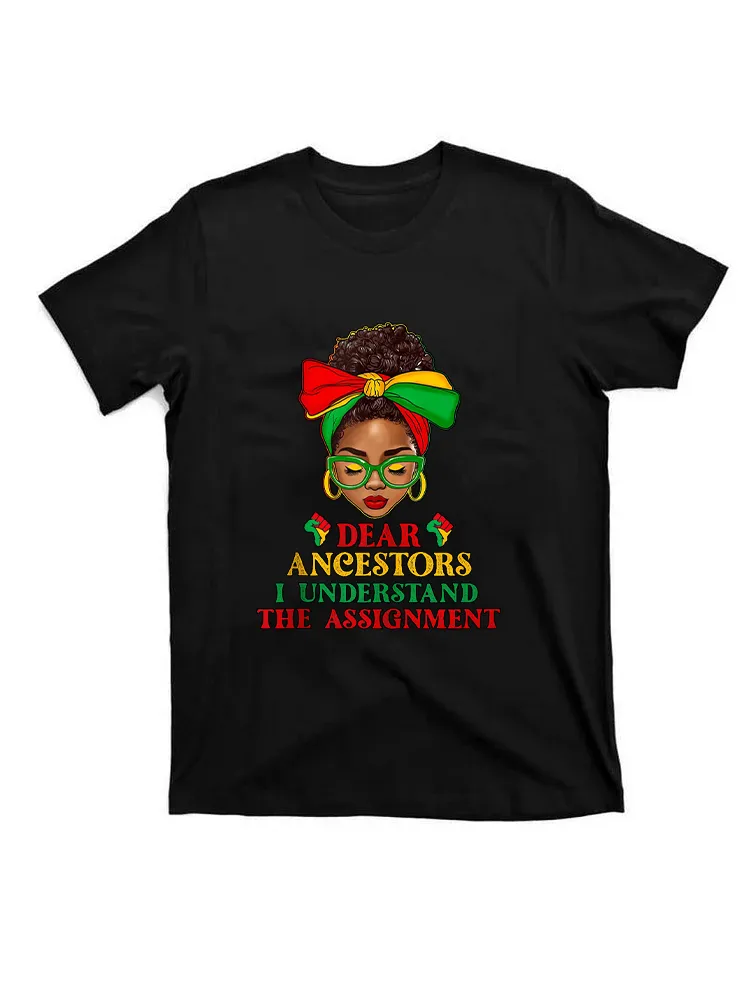 Black Woman Afro Messy Bun Dear Ancestors Juneteenth 1865 T-Shirt