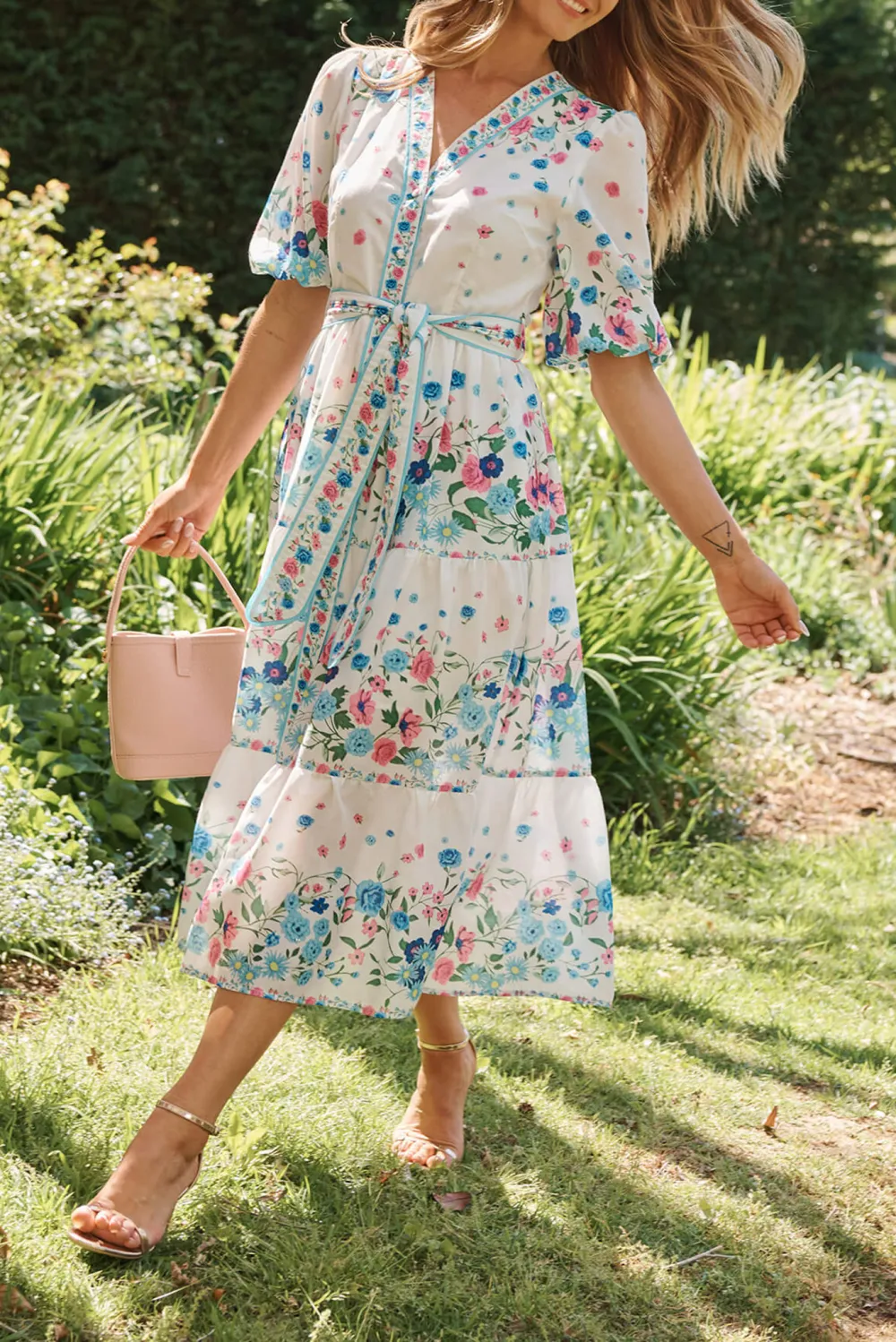 White Floral Print Tiered Midi Dress