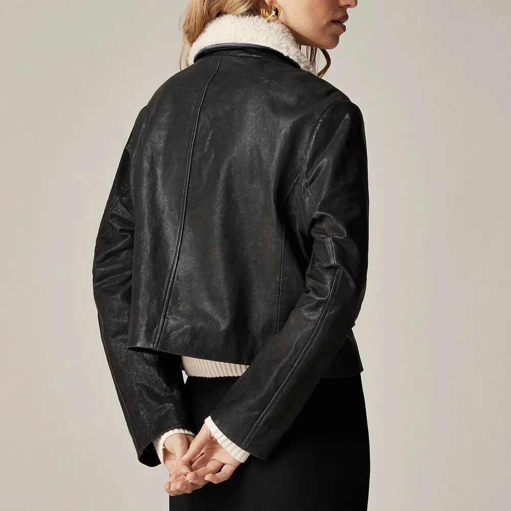 Collection cropped leather car coat with sherpa collar