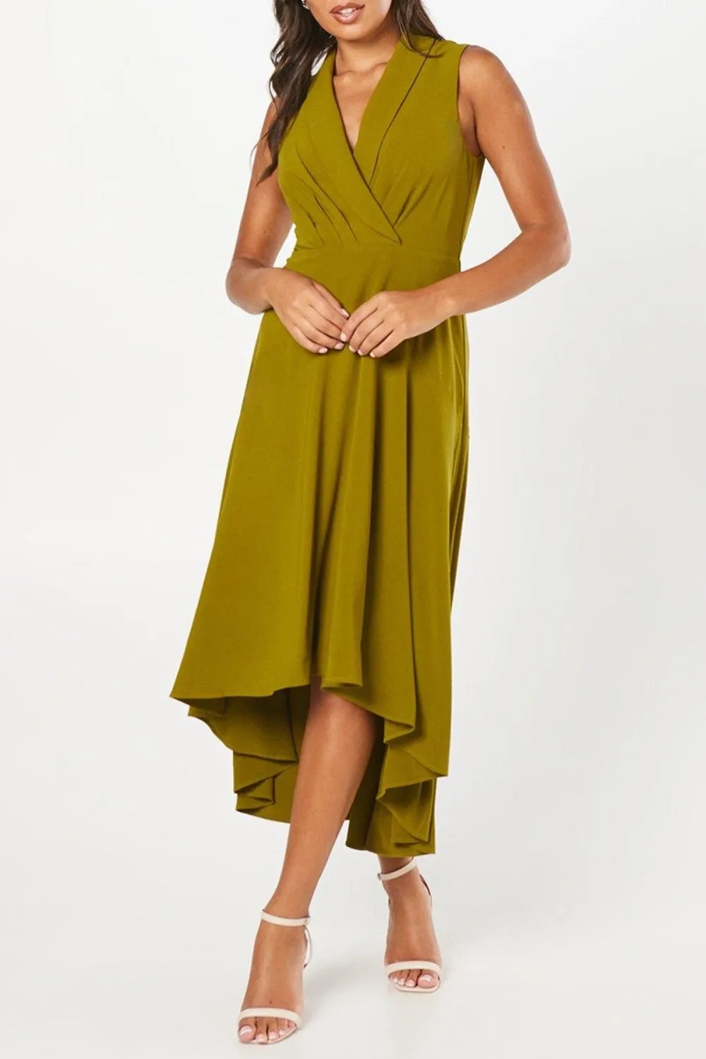 Collared Wrap Bodice Drape Crepe Midi Dress