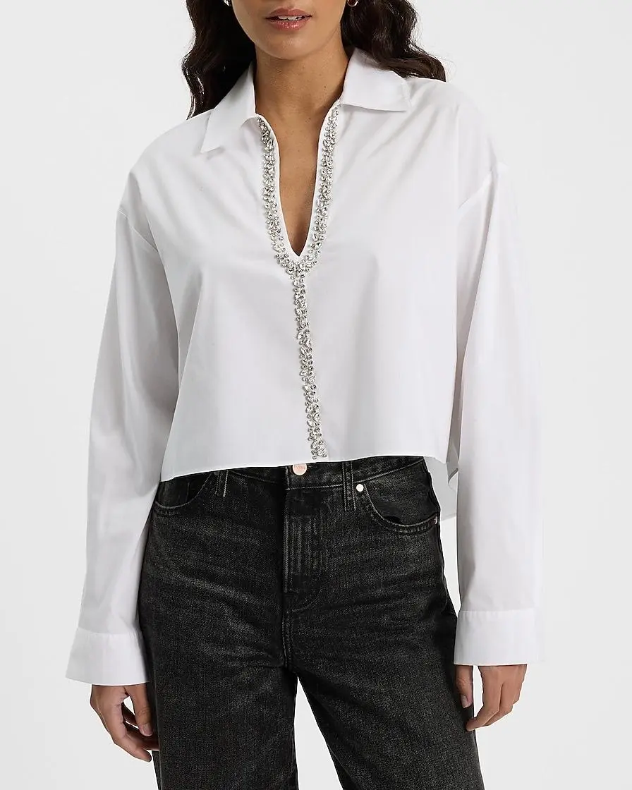 Embellished Collared V-Neck Long Sleeve Cropped Shirt