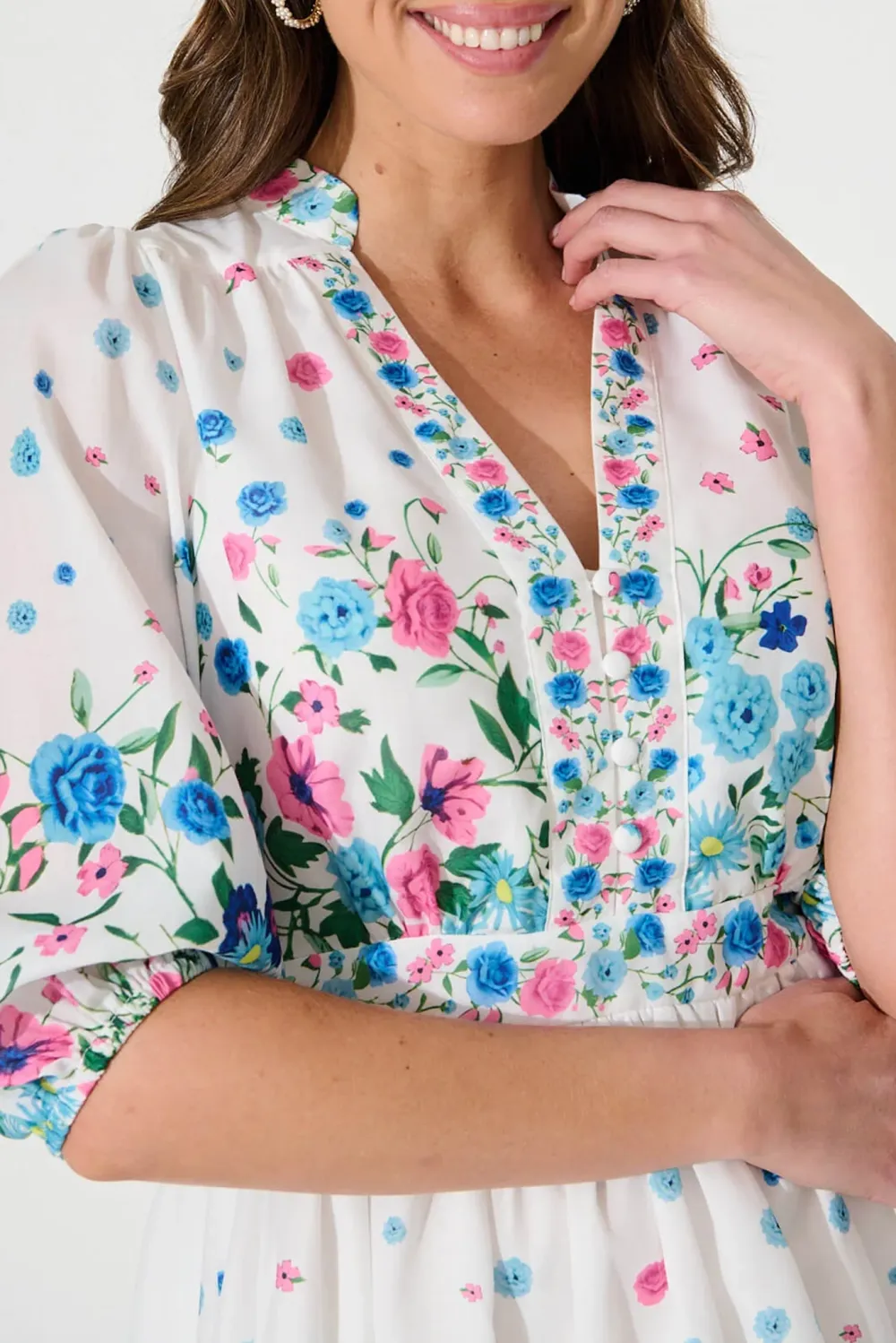 White Floral Print Mini Dress With Puff Sleeves
