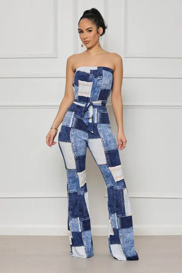 Patchwork Denim Print Sleeveless Jumpsuit (Blue Multi)-FINAL SALE