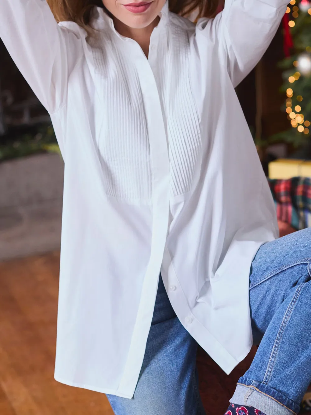 Long Sleeve Adeline White Pleated Tuxedo-Style Shirt