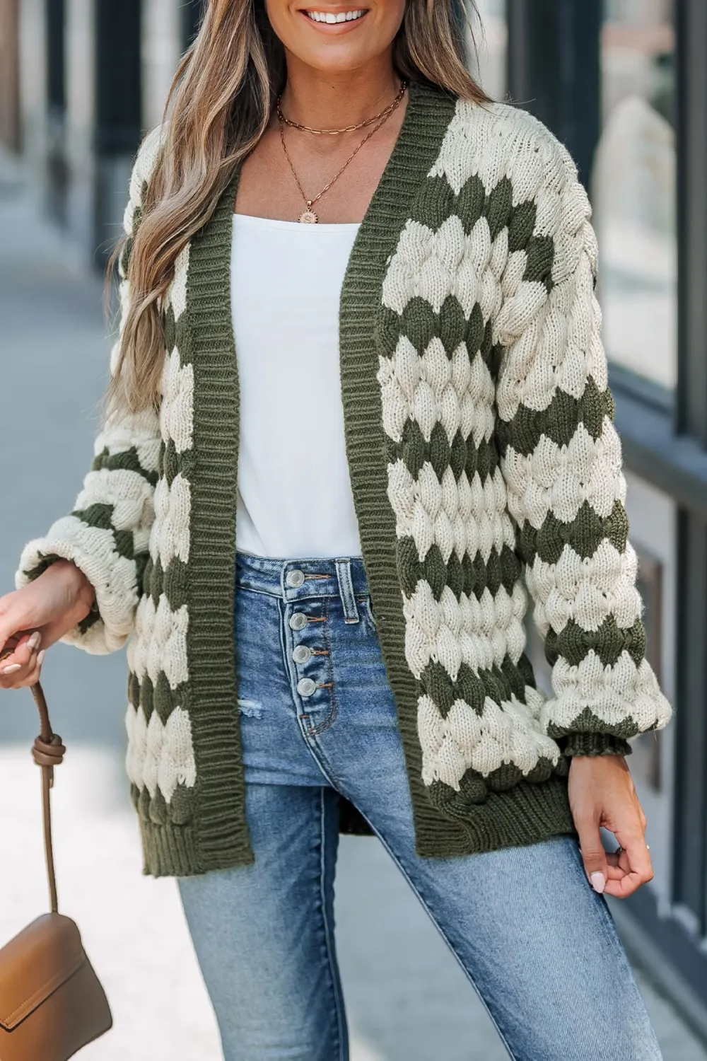 Green & White Stripe Open Front Puff Sleeve Cardigan