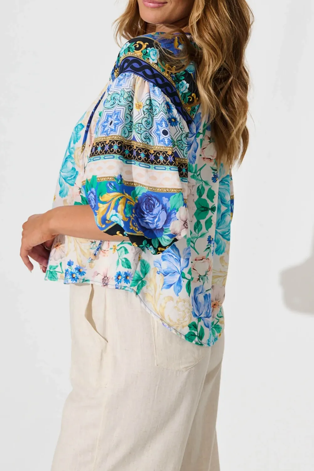 Blue Floral Patterned Half Sleeve Blouse