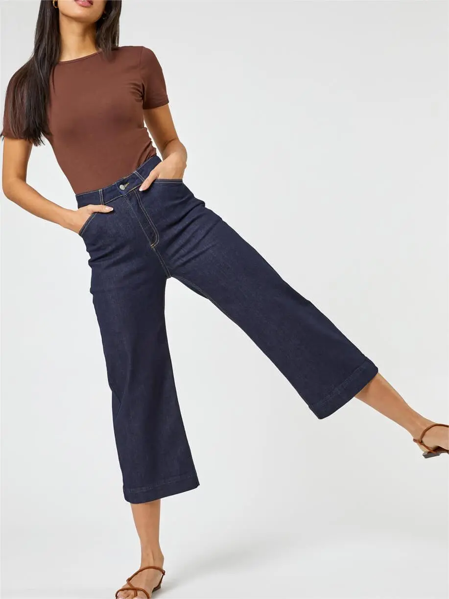 Dark blue loose cropped denim wide-leg pants