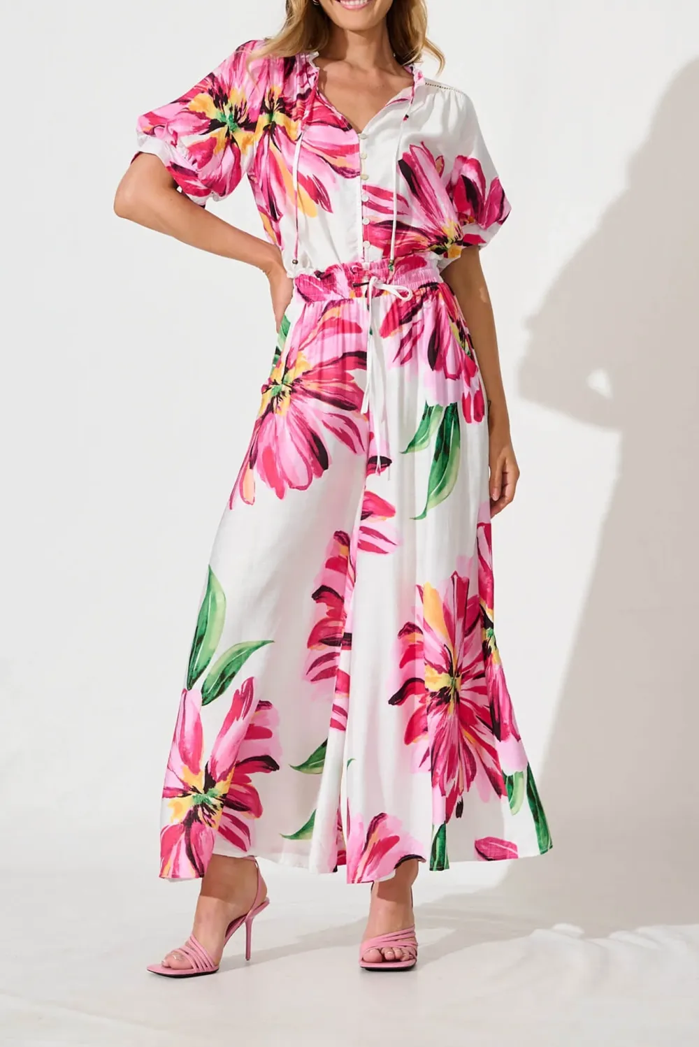 White Floral Print Half Sleeve Shirt