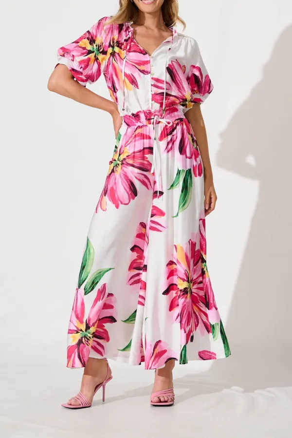 White Floral Print Half Sleeve Shirt