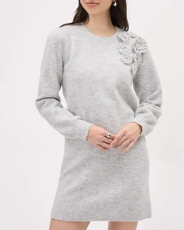 Long-Sleeve Crew-Neck Mini Dress With Flower Applique