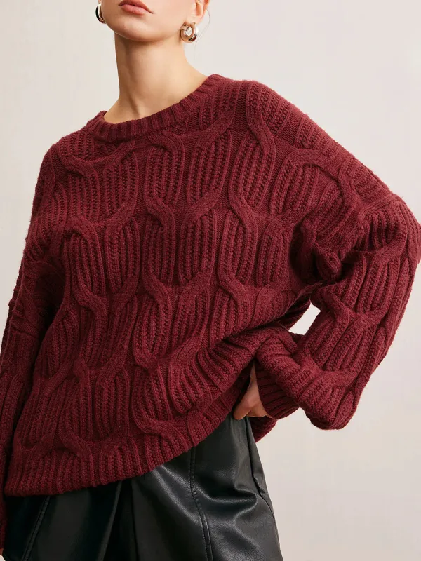 Twisted Knit Round Neck Drop Shoulder Sweater