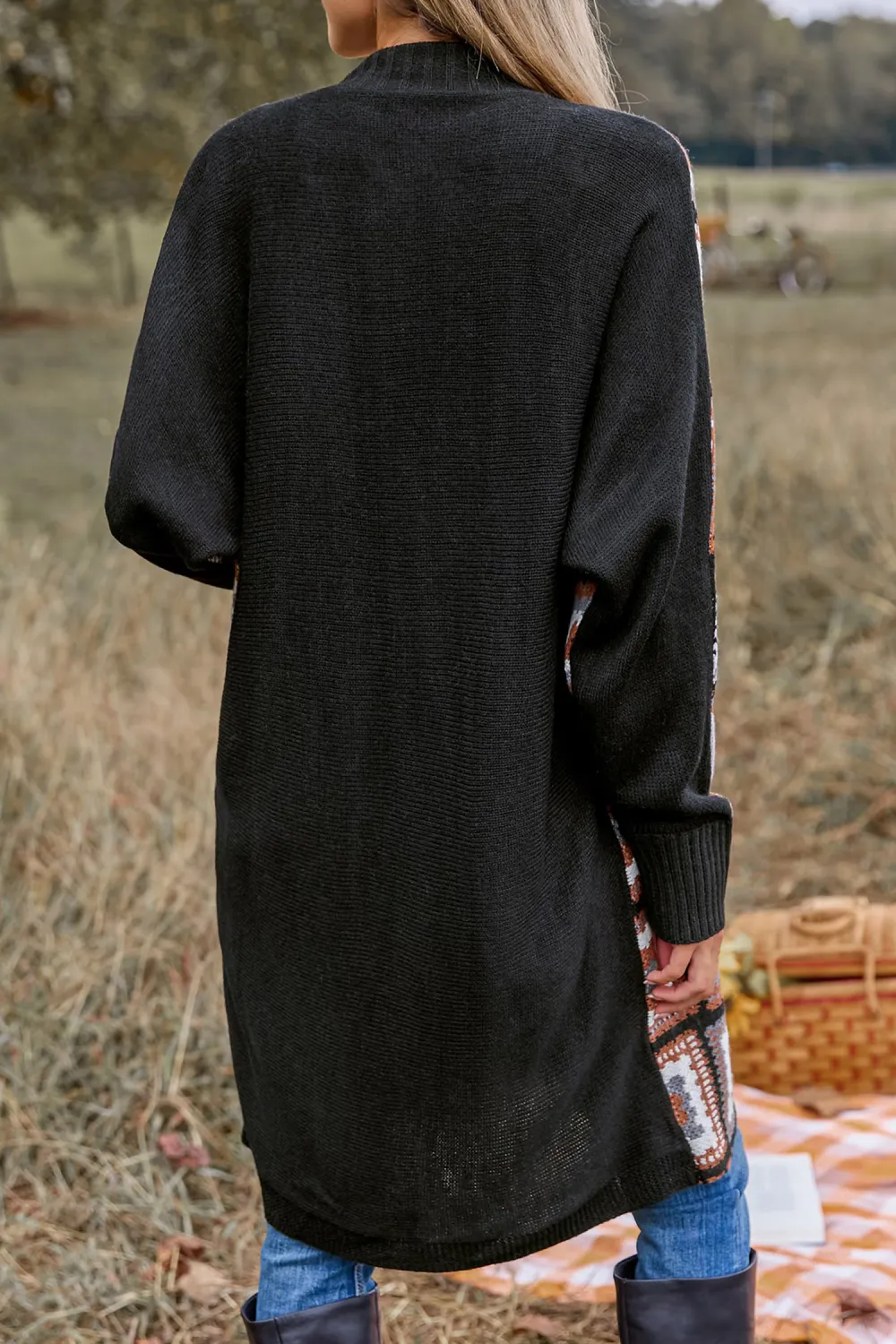 Patchwork Open Front Long Sleeve Knit Duster