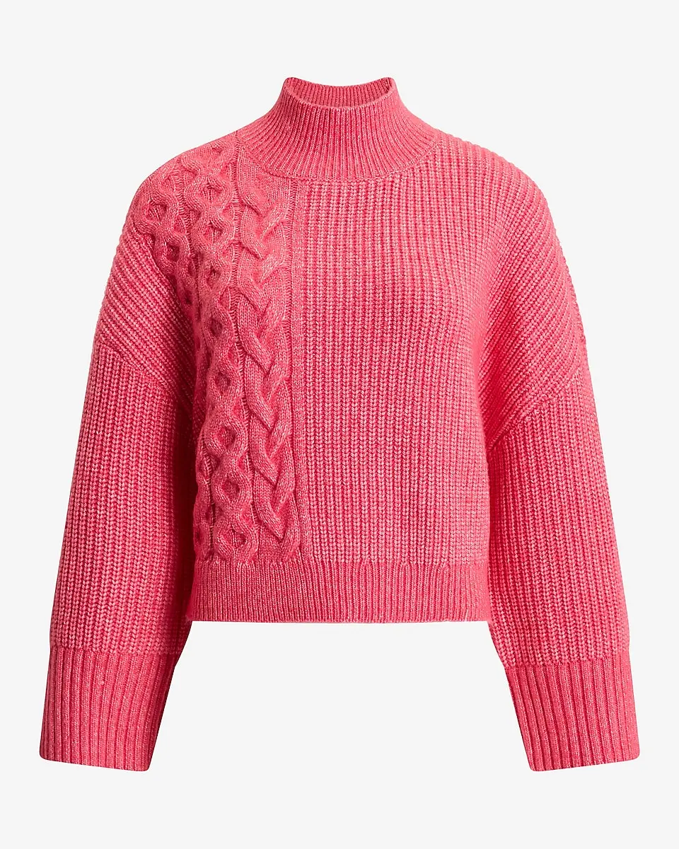 Relaxed Mock Neck Cable Knit Sweater