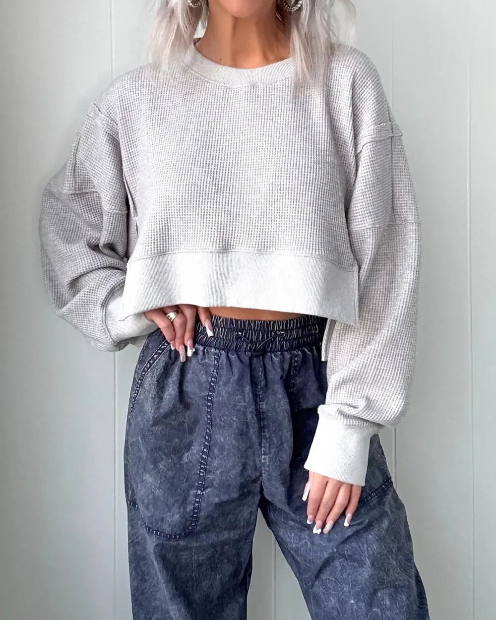 Charming Class Waffle Knit Top - Grey