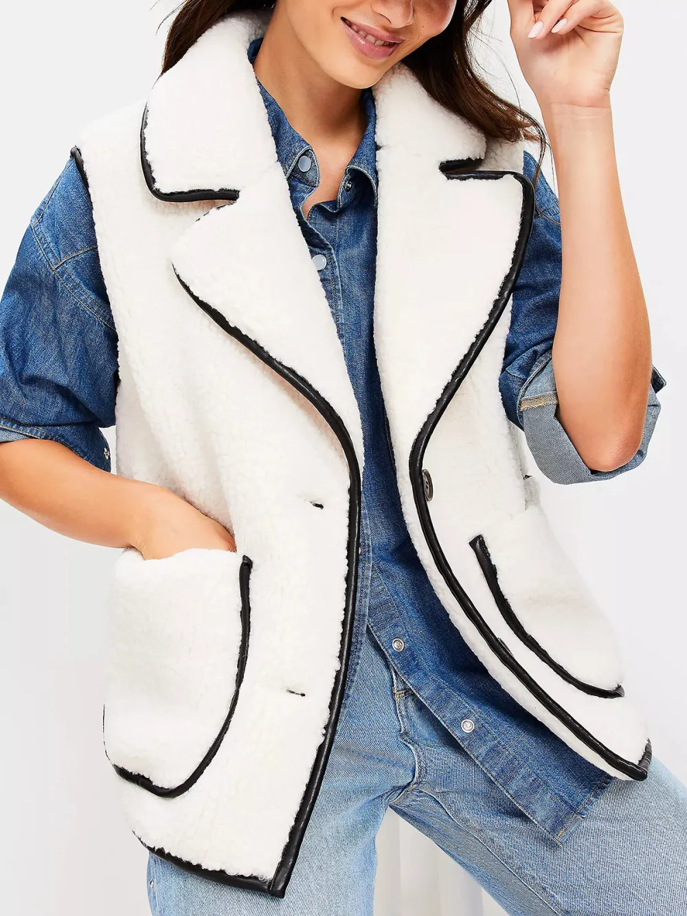 Faux Leather Trim Sherpa Vest