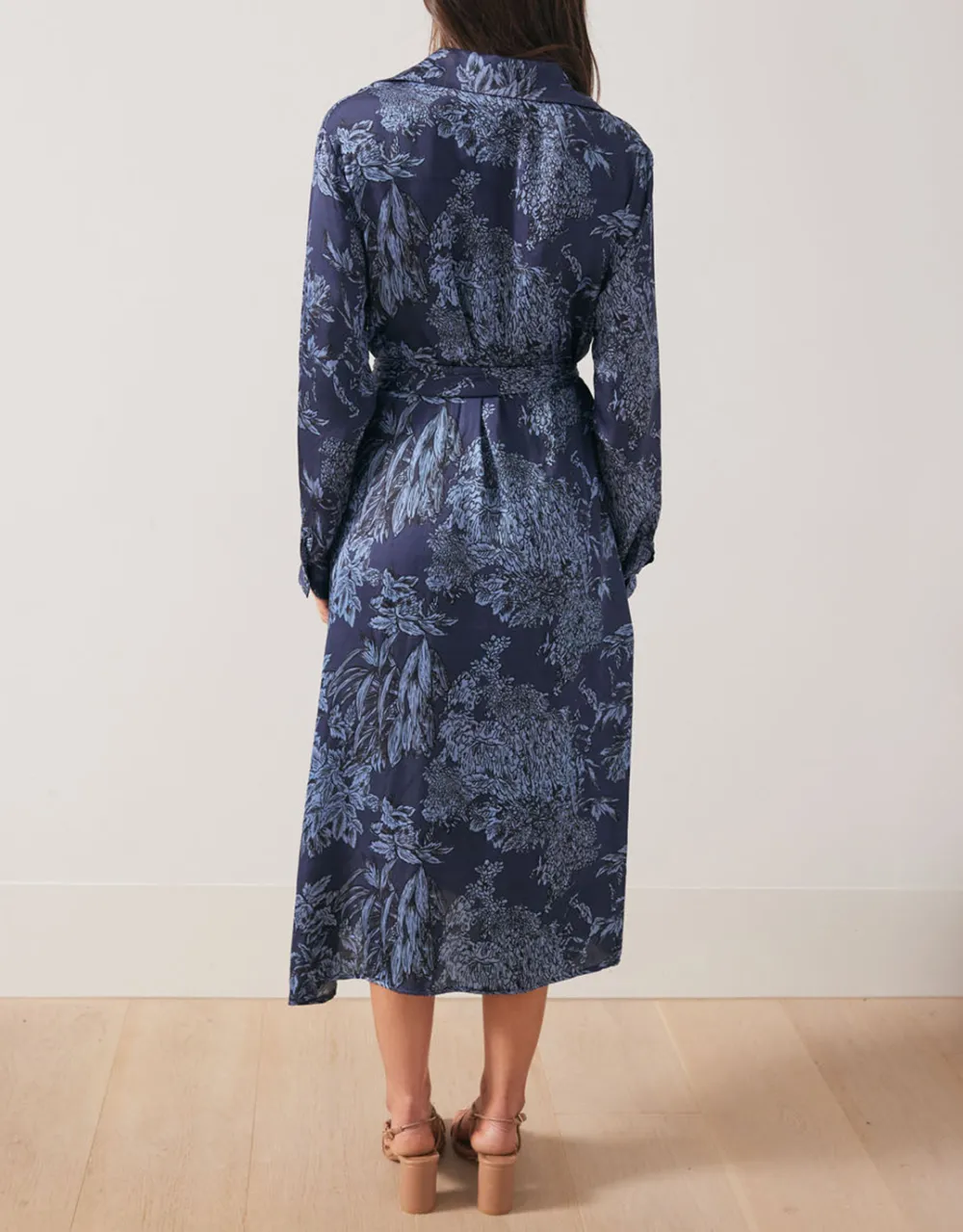 Botanic Print Midi Shirt Dress - Navy