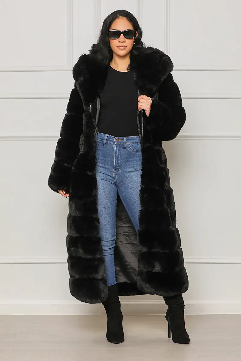 Highest View Hooded Faux Fur Coat (Black)