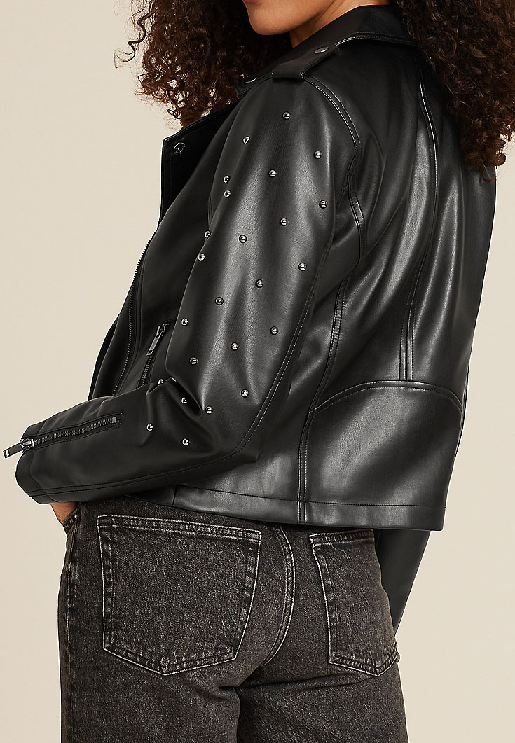 Black Faux Leather Studded Moto Jacket