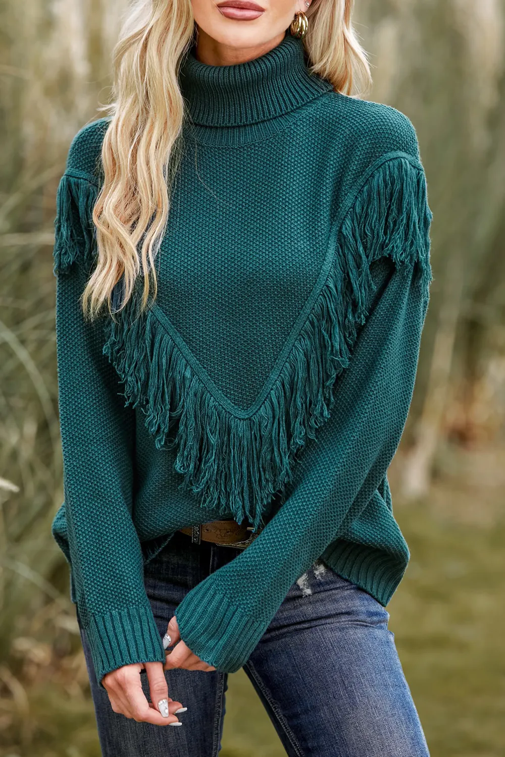 Tassel Turtleneck Long Sleeve Knit Sweater