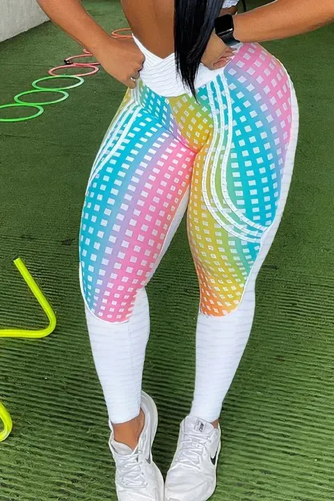 Ombre Geo & Plaid Print Wrap Textured Sports Leggings