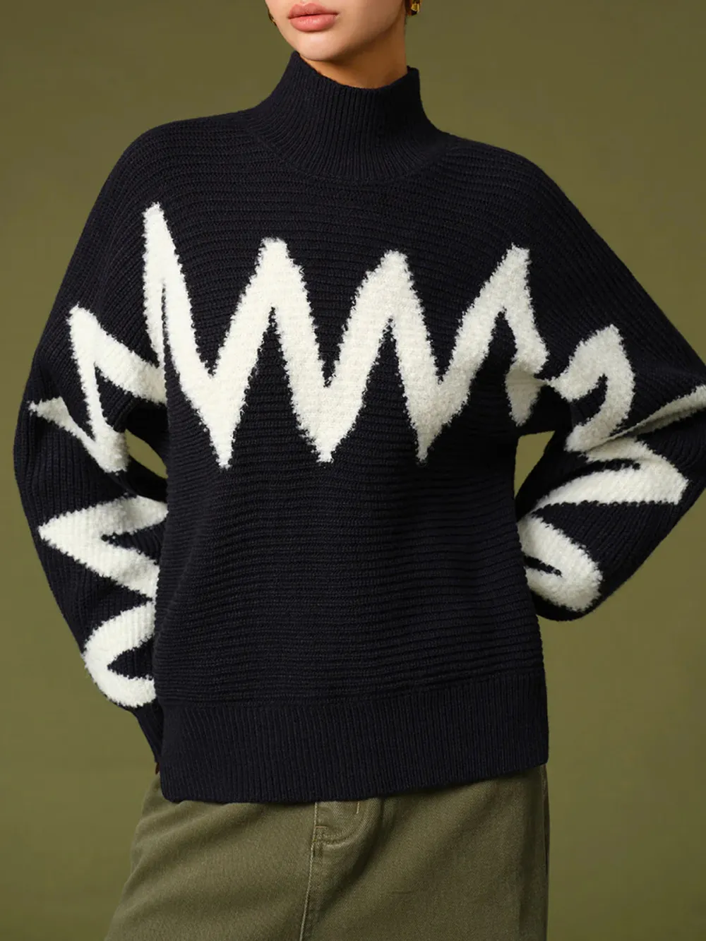 Line Print Contrast High Neck Sweater
