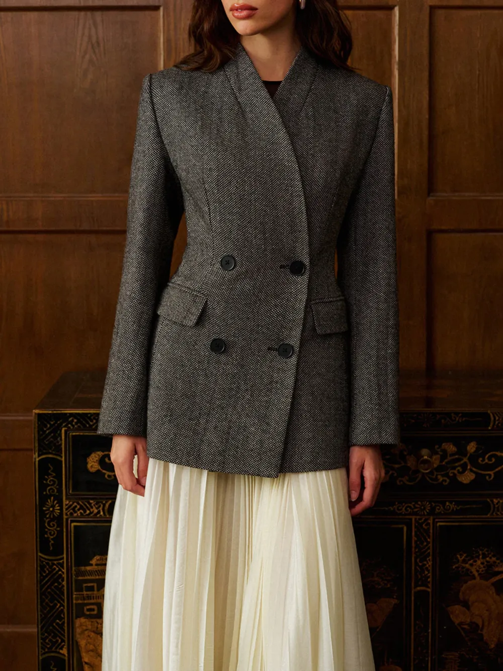 Wool-Blend Plain Double-Breasted Blazer