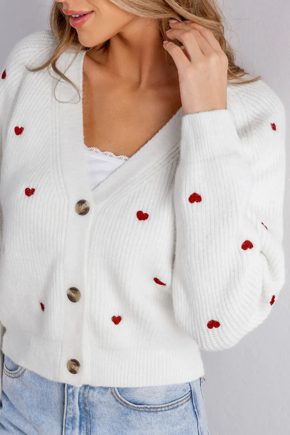 Heart Print Long Sleeve V-Neck Cardigan