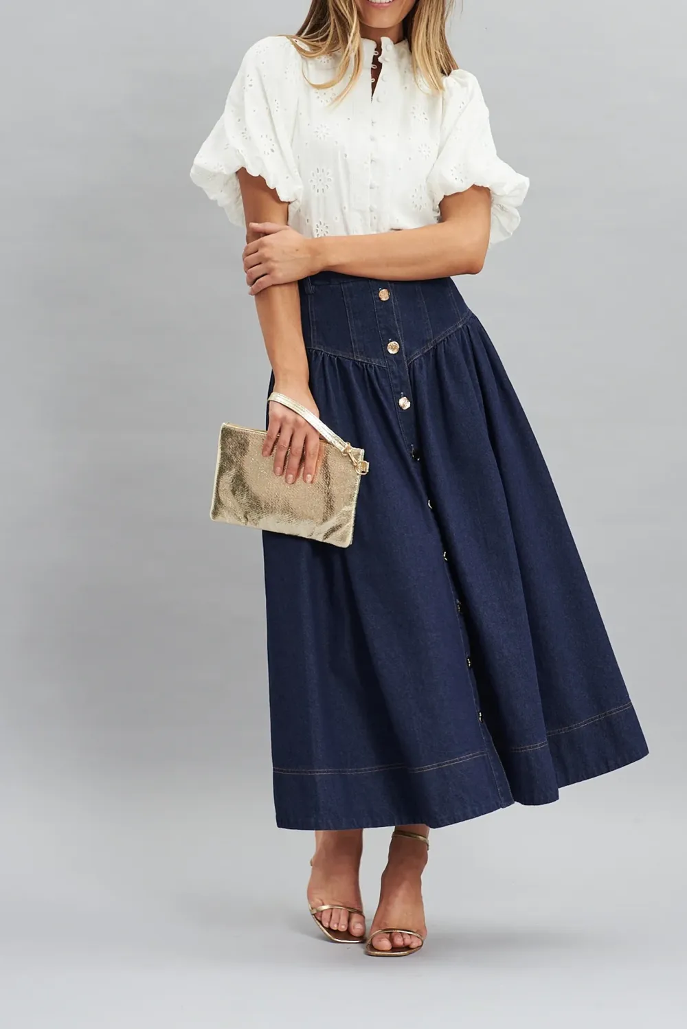 Navy Blue Button Front Denim Midi Skirt
