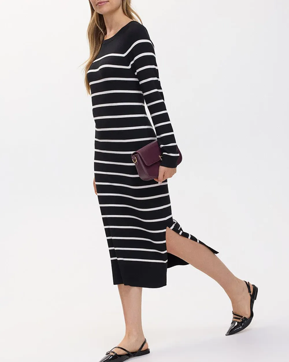 Long-Sleeve Crew-Neck Midi Sweater Dress