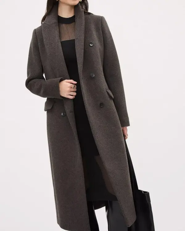 Double-Breasted Long Wool Coat - Dark Funghi