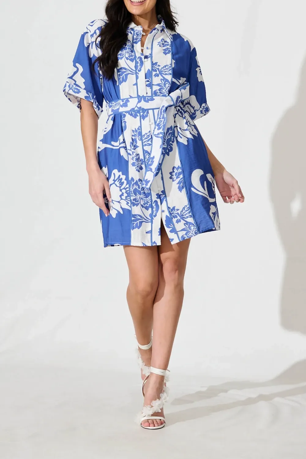Blue Patterned Belted Shirt Dress