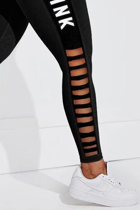 Letter Print Hollow Out Side Sports Leggings
